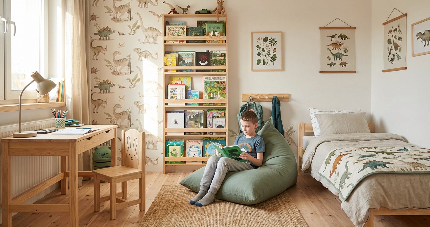biblioteczka dla dziecka drewniana w pokoju nastolatka